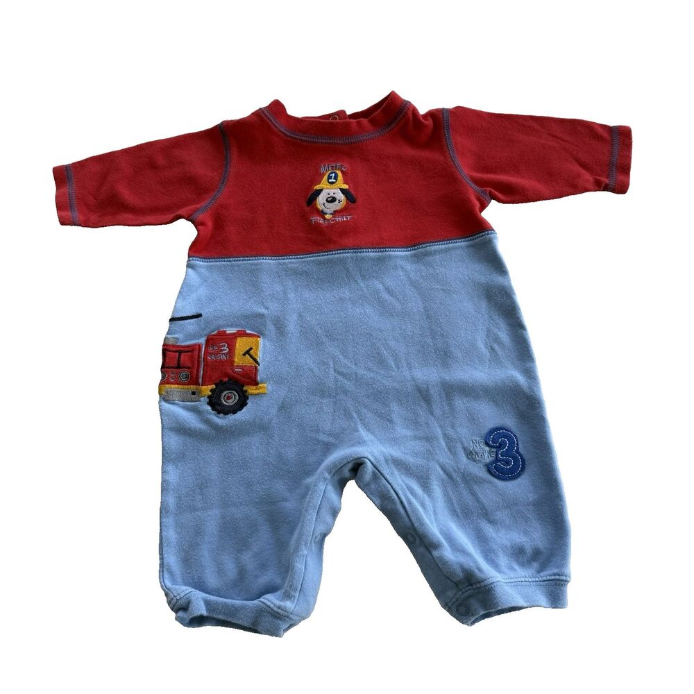 Vtg Okie Dokie Baby 3-6M Fire Chief One Piece Romper Embroidered Fire Truck Dog